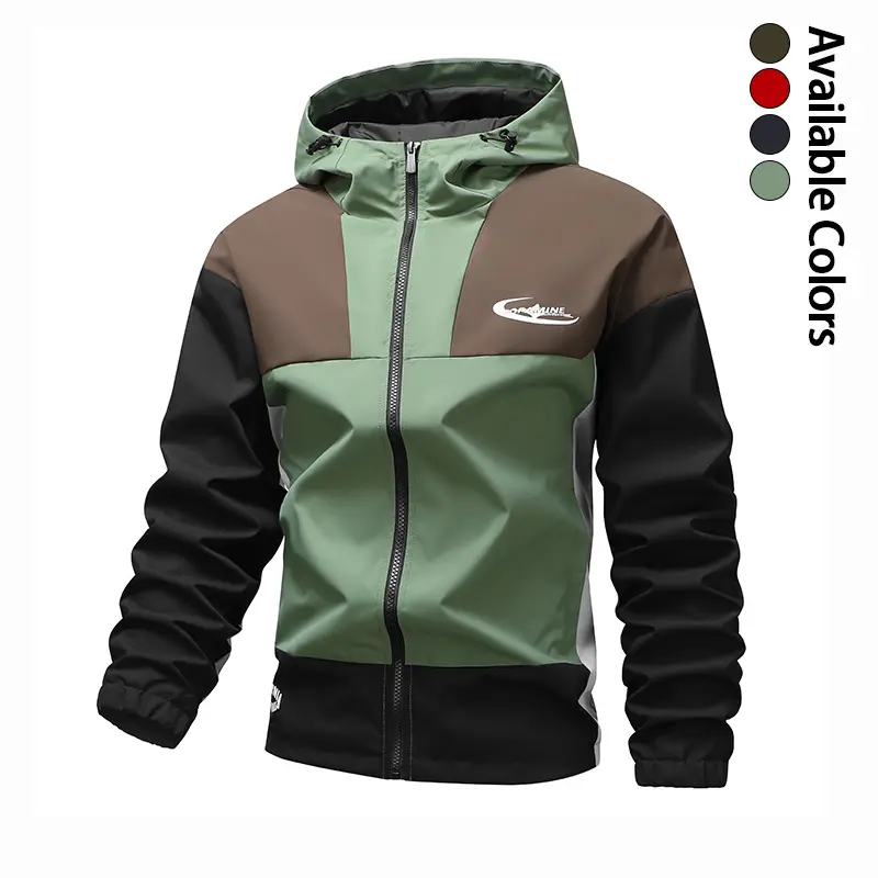 Men’s multicolor patchwork hooded rain jacket with logo, full zipper, lightweight windproof outdoor sports outerwear