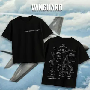 VANGUARD F-35 Lightning II Blueprint Double Sides Heavy Cotton T-Shirt Vintage Lockheed Martin Graphic Tee Military Enthusiast Streetwear Clothing Gift for Men Breathable Printing