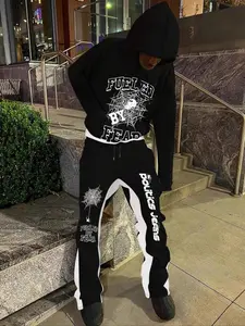 Men's Spider Web Print Drop Shoulder Drawstring Hoodie & Colorblock Pocket Flare Leg Pants Two-piece Set, Regular Fit Casual Fashion Cozy Breathable Two Piece Outfits for Daily Wear, Men's Clothes for Fall & Winter