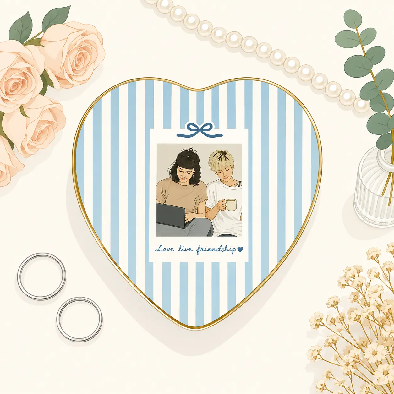 Personalised Bestie Photo Art Vector Trinket Dish, Custom Jewelry Ring Dish, Ceramic Trinket Tray for Bestie, Bridesmaid Gift, Birthday Gift for Her