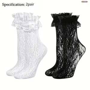 2 Pairs Y2K Lace Crew Socks for Women, Black and White Coquette Frilly Socks, Breathable Lightweight Aesthetic Knee High or Slouch Style Socks for Spring Summer, Daily Wear, Balletcore and Cute Outfit Accessories