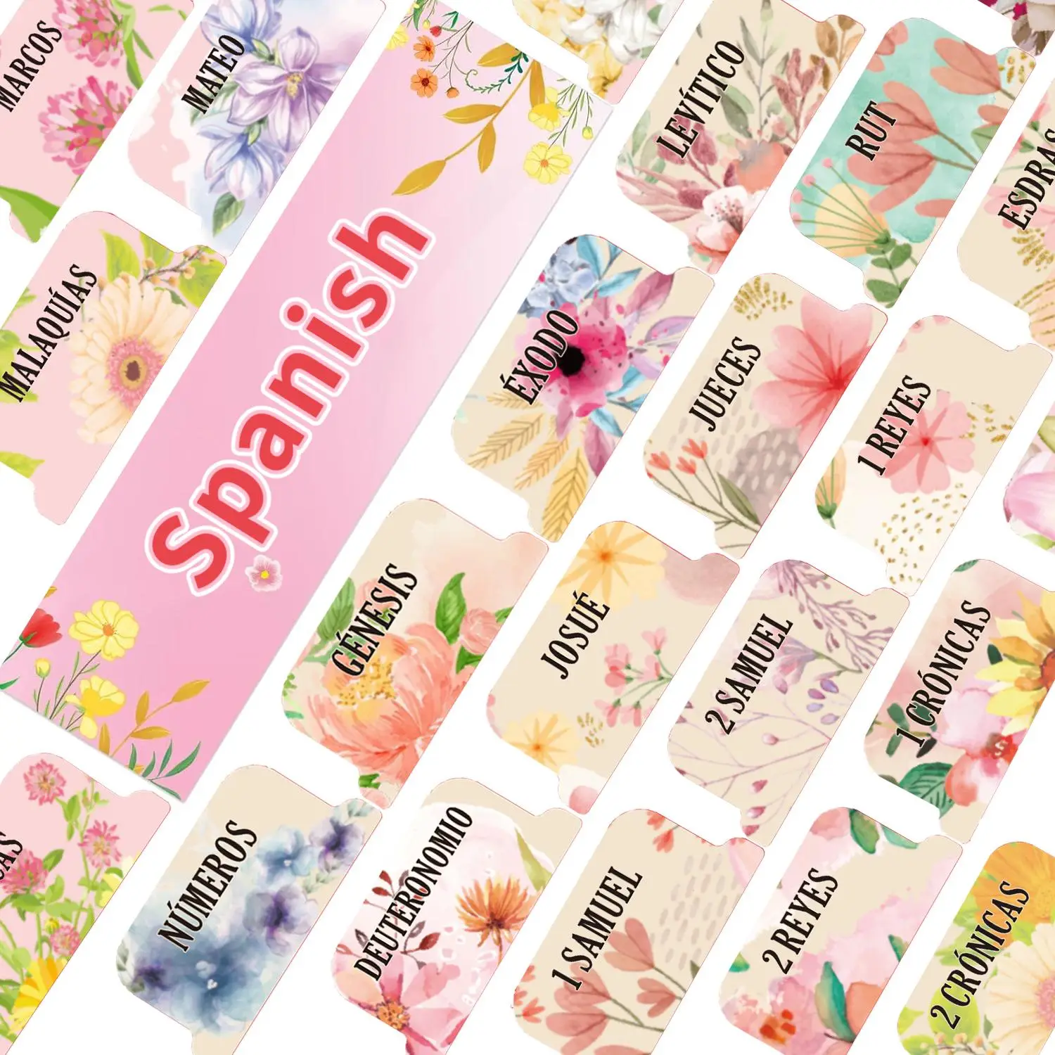 Floral Pattern Bible Tabs, 75pcs/5 Sheets Spanish Scripture Laminated Tabs Set, Easy-to-read Old & New Testament Divider Stickers for Bible Study & J