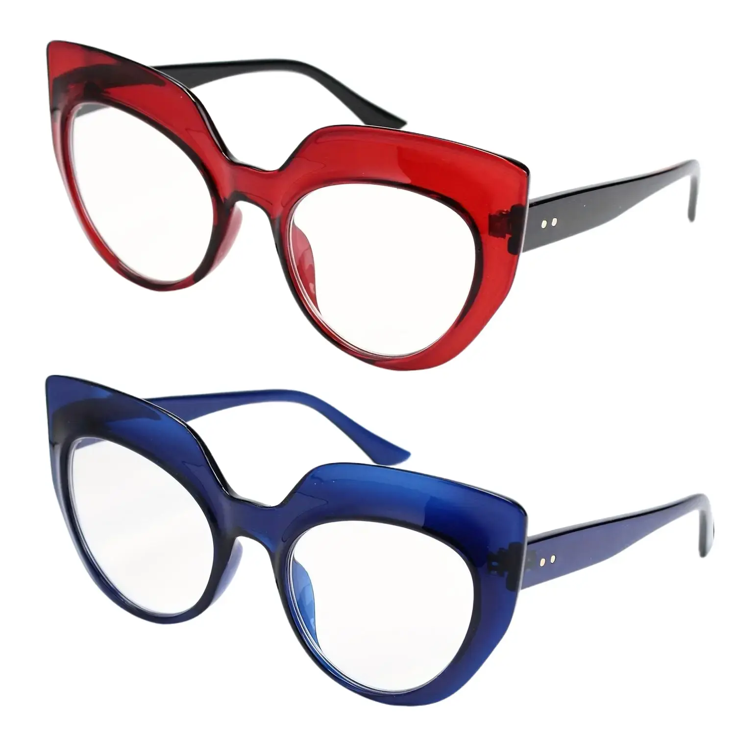 2 pairs of large-frame, extra-thick reading glasses, with shiny sequins, trendy retro color scheme, punk magnifying glasses, new computer reading glasses set