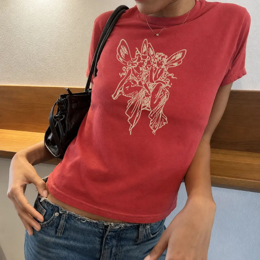 Medieval Fairies Baby Tee, Fairycore Whimsical Shirt, Retro Graphic T-Shirt, 90s Y2K Tattoo Dark Academia Fantasy Boho Trendy Faerie Tee