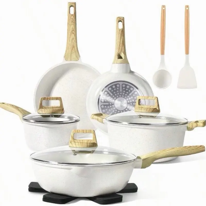 14Piece NonStick White Granite Kitchen Cookware Set For Induction Stovetops With Frying Pans Saucepans And Silicone Utensils Free Ideal For Home Cooking Meal Preparation And Daily Kitchen Use