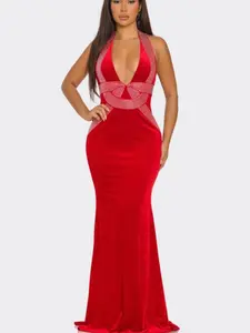 Rhinestone Embellished V Shaped Maxi Dress