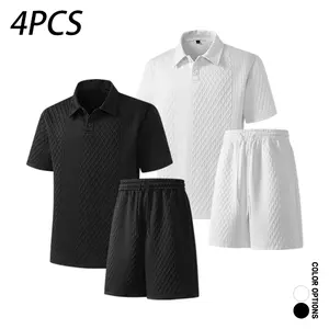 Multiple sets available; men’s casual polo short-sleeve T-shirt and shorts set featuring jacquard textured fabric; versatile for everyday casual sports with a loose fit and comfortable, skin-friendly shorts and top set.