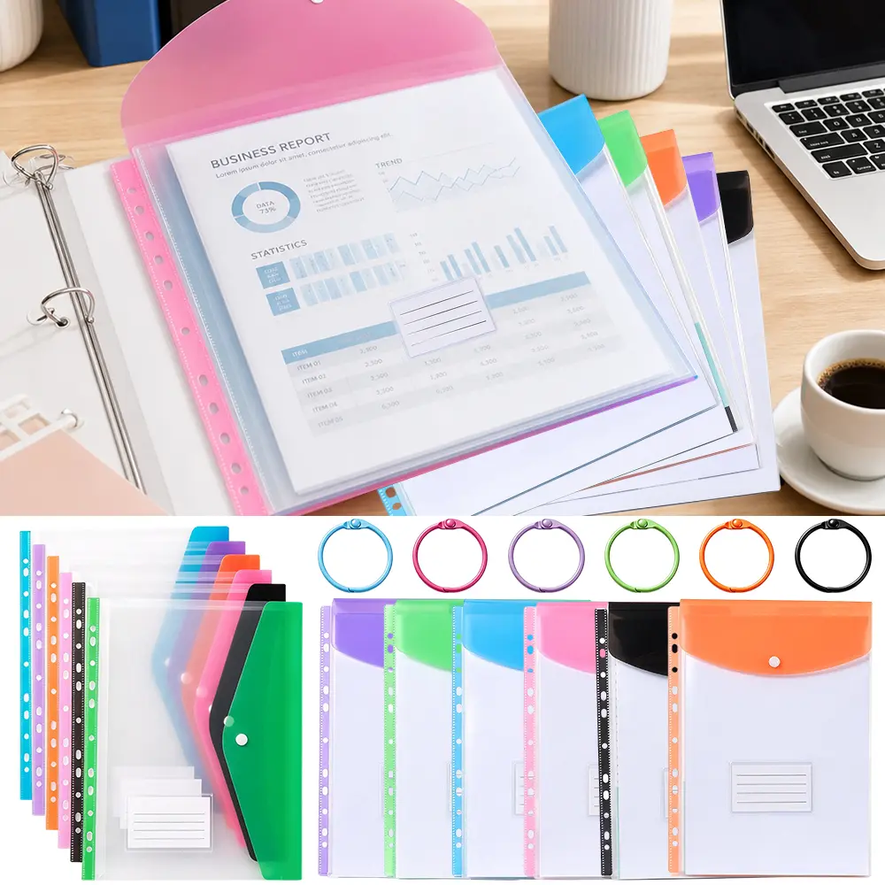 12 Pack Expandable 11-Hole PP Binder Pocket Envelopes, Waterproof 0.4mm Plastic Document Folders, Snap Closure, 6 Landscape & 6 Portrait, Comes with 6 Colorful Book Rings - Home Improvement.