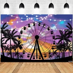 Photography Background Night Carnival Ferris Wheel Palm Tree String Lights Dreamy Amusement Park Birthday Party Photo Studio Backdrop