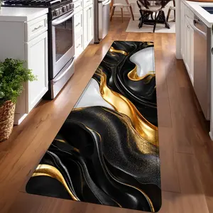 1PC， Black Gold White Fluid Texture Patterned strip rugs, home décor, bathroom mats, entryway mats, bathroom non-slip mats, indoor entrance rugs, bedroom bedside mats, kitchen mats, hallway rugs, flannel sponge rugs, hallway runner rugs