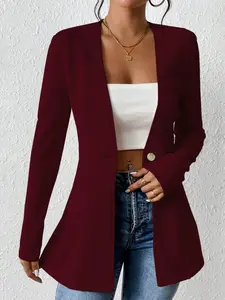 A pure color, single-button, V-neck, long-sleeved, waist-tightening women's suit jacket is elegant, fashionable and versatile.