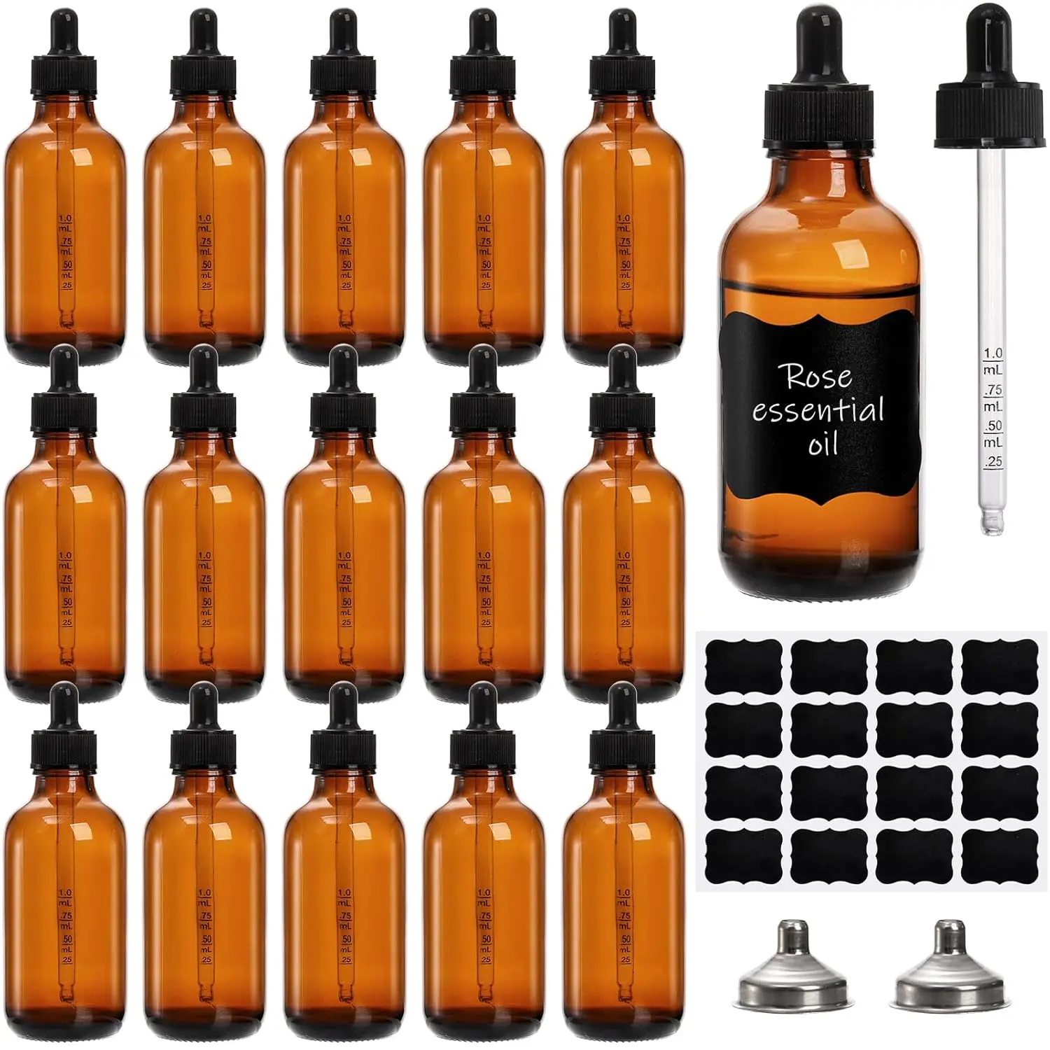 16 Pack Dropper Bottles, 4 oz/120ml  Glass Tincture Bottles with Graduated Glass Eye Droppers for Essential Oils, Perfume, 2 Stainless Steel Funnels,16 Chalkboard Labels