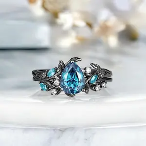 FASHION - European and American new water droplet shaped blue topaz inlaid jewelry fashionable black color women's double-layer ring
