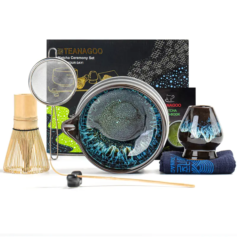 TEANAGOO Matcha Whisk Set, 7 Pcs Matcha Set, Matcha Kit for Ceremony, Matcha Tea Set for Making Breakfast/Latte, Ceramic Matcha Bowl(chawan) whith Spout and Whisk, Gift for Matcha Lover Box Stainless Steel