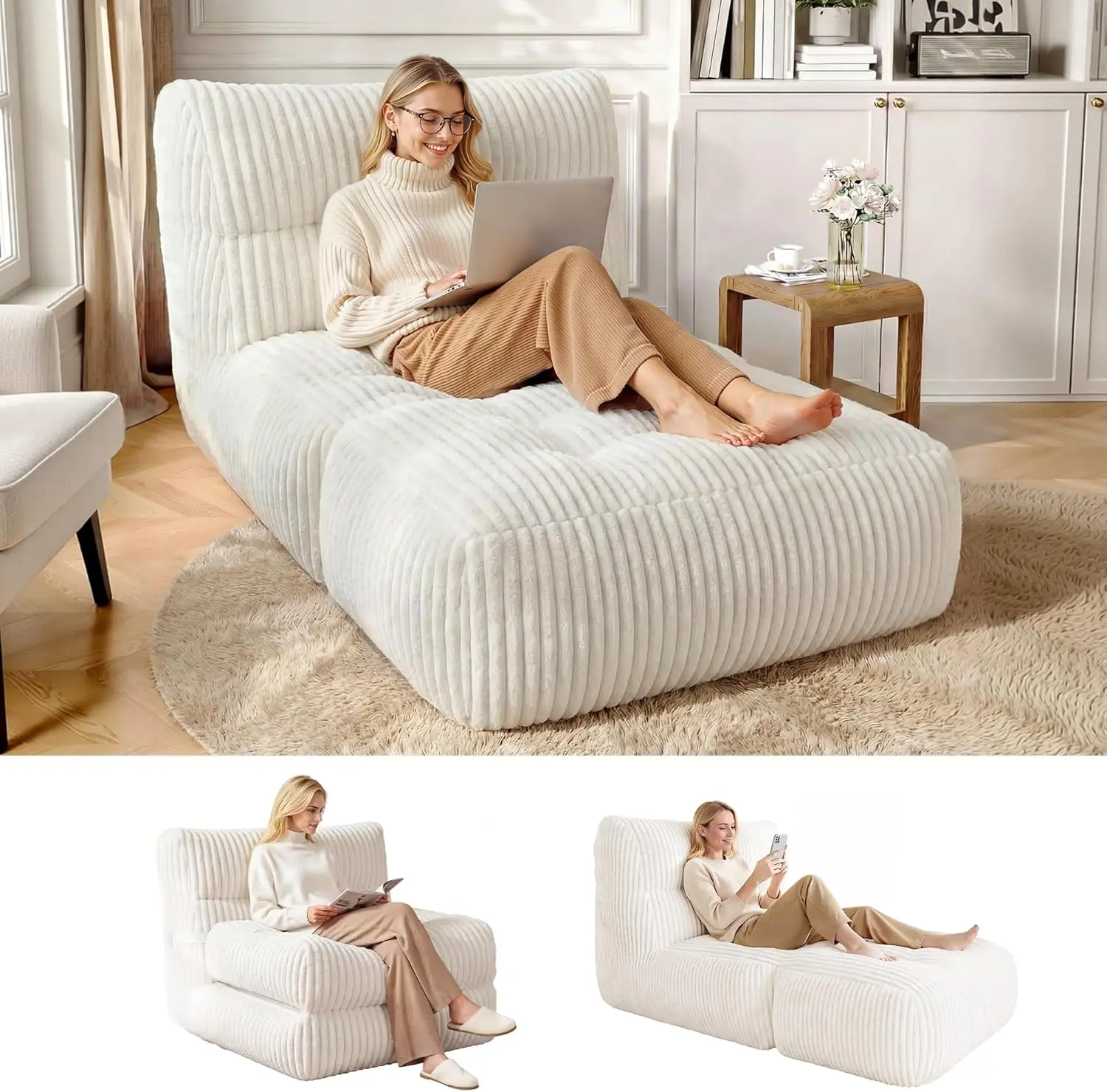 【MothersDayGift】Raybee Foldable Bean Bag Sofa with Back Support,Giant Bean Bag Chairs for Adults ,Big Lounge Chair with Memory Foam Filled for Living Room, Bedroom or Balcony,Lazy Floor Sofa