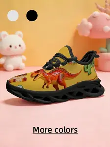 1 Pair Kids' Style Breathable & Lightweight Sunset Yellow Sneakers, Soft Elastic Thick Sole, Children's Day Gift, Versatile for Daily Wear, Cartoon Cool Tyrannosaurus Rex Print, Dinosaur Shoes, Playful Adventure Style Casual Shoes