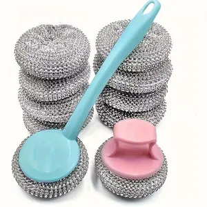 10pcs Detachable Non-Scratch Nano Cleaning Balls, Kitchen Degreasing Pot Scrubbers with Two Long and Short Handles, Dishwashing Scrubber Pads