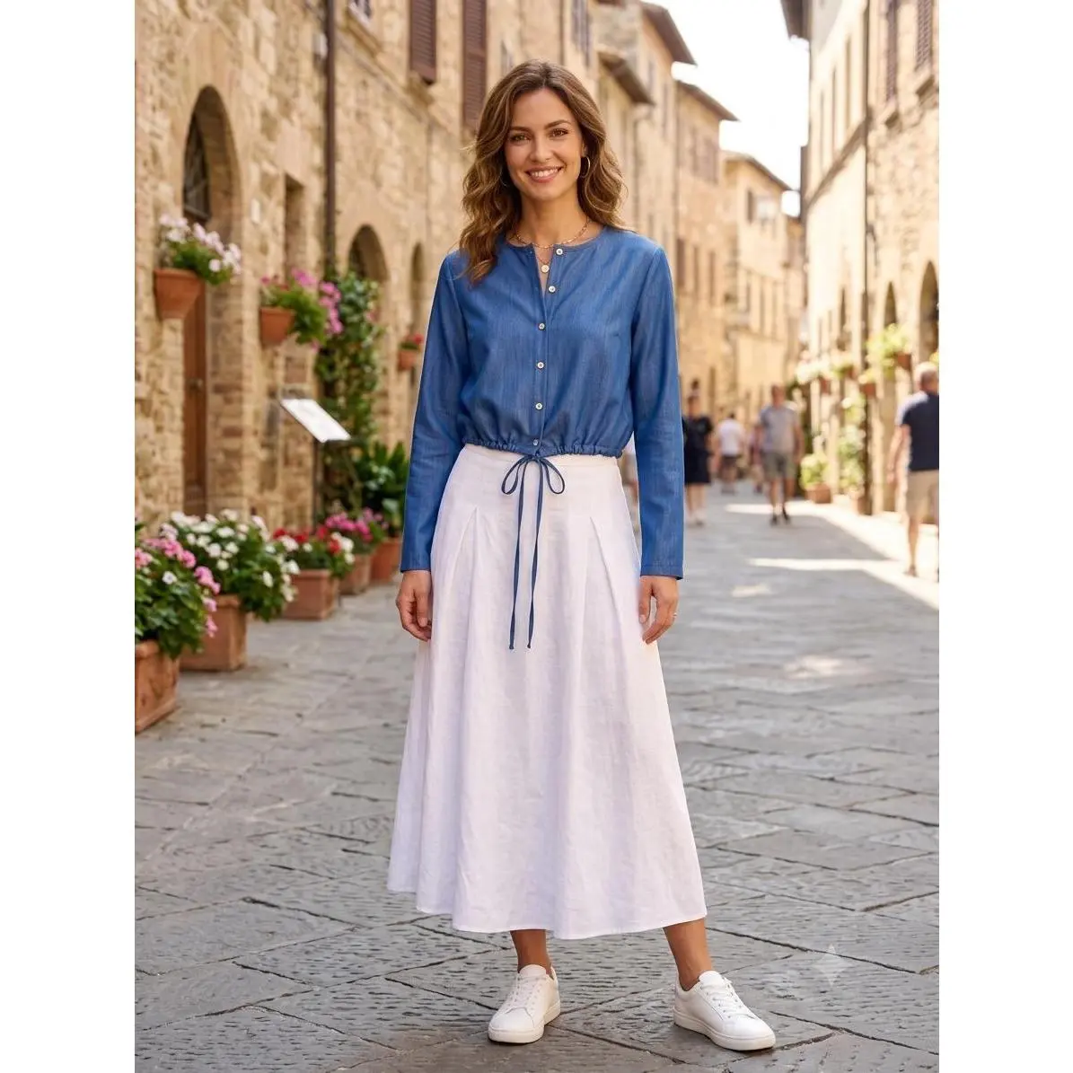 Cropped Collarless Denim Tie-Waist Jacket