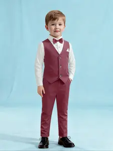 Boys' Gentleman Christmas 4-Piece Set: Shirt+Vest+Pants+Bow Tie | Formal Wear for School Performance, Wedding & Holiday Party Solid Color Suits