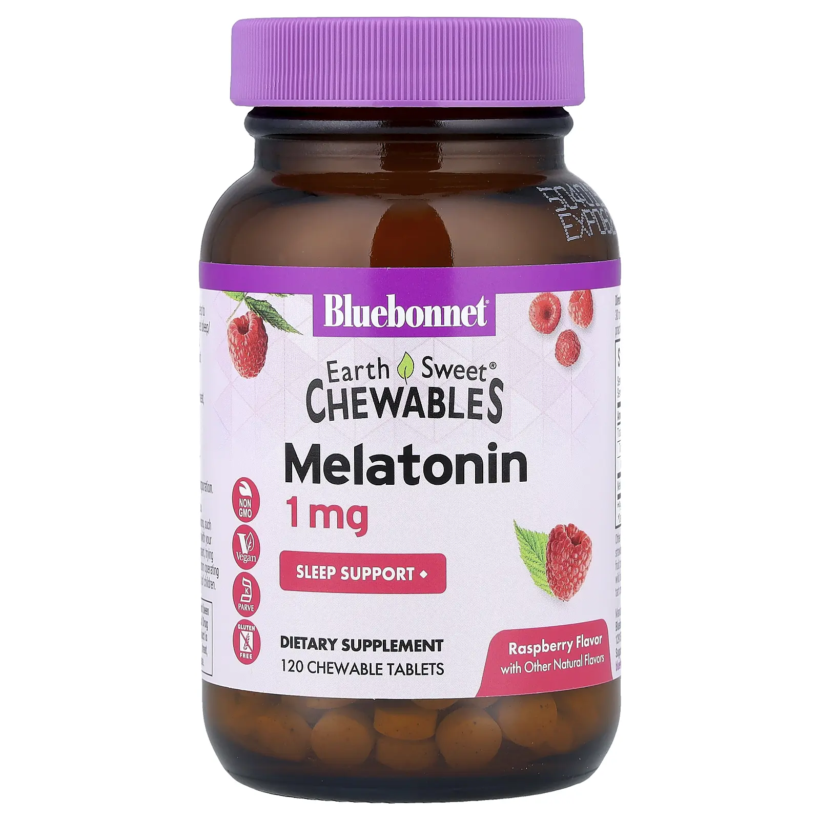 Bluebonnet Nutrition EarthSweet® Chewables, Melatonin, Raspberry, 1 mg, 120 Chewable Tablets
