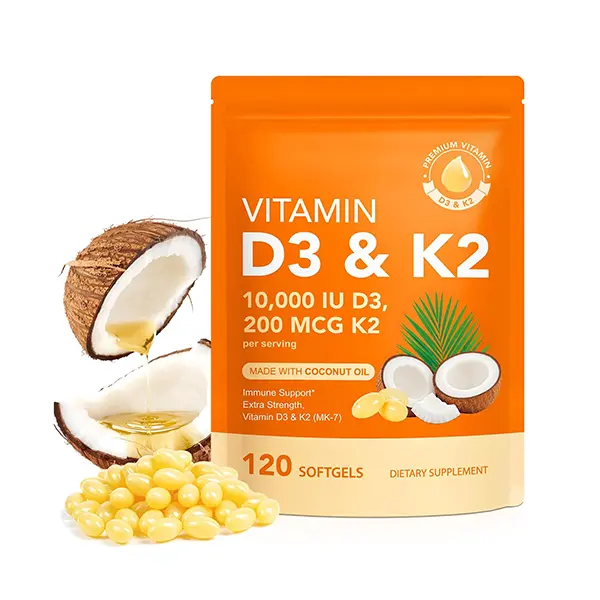 Vitamin D3 + K2 Softgels, 10,000 IU Vitamin D3 & K2 for Immune, Heart, Teeth & Bone Health, Non-GMO, Easy-to-Swallow, 120 Softgels