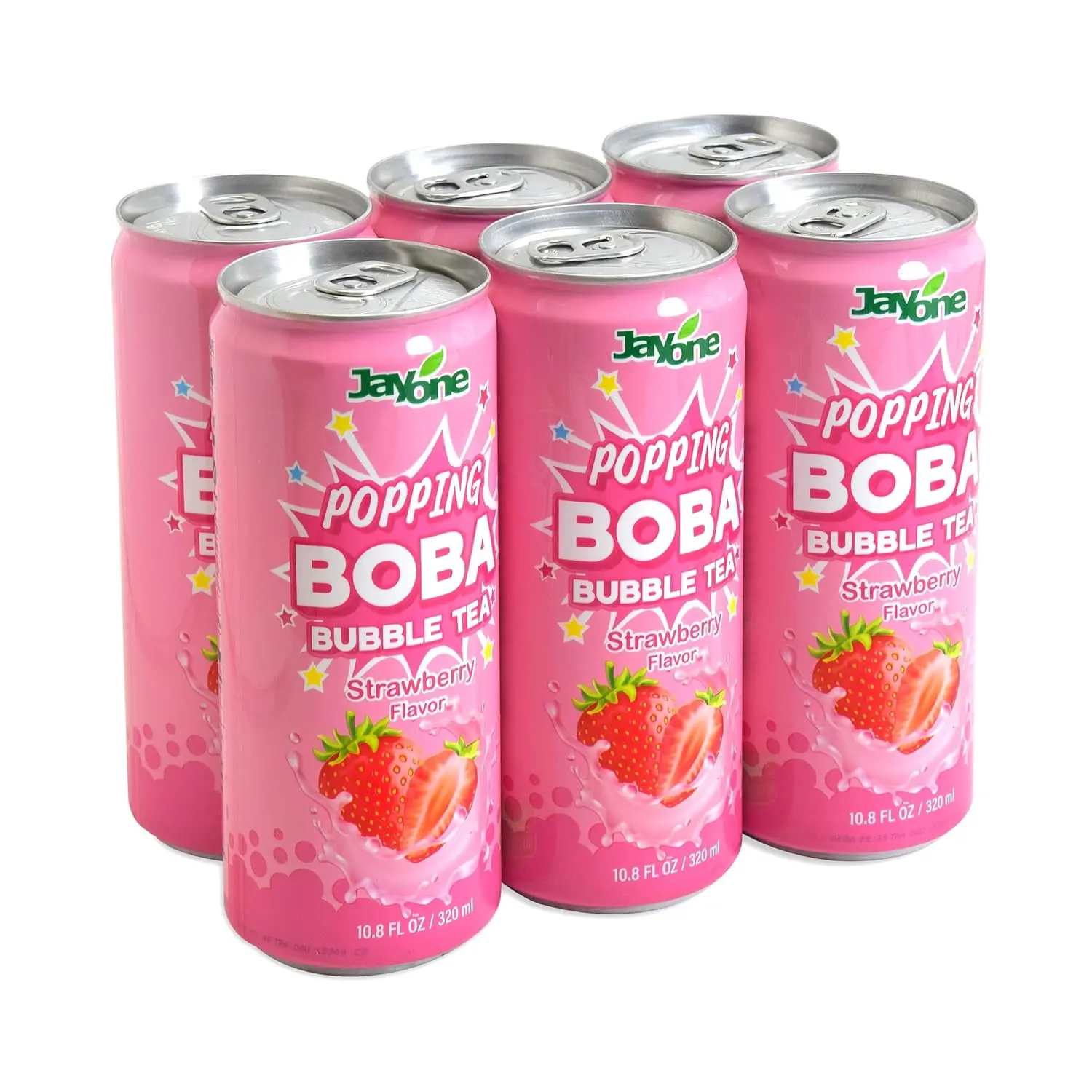 Jayone Popping Boba Bubble Tea Strawberry Flavor, 6 Pack, 10.8 fl oz Cans, Ready-to-Drink Black Tea with Popping Boba