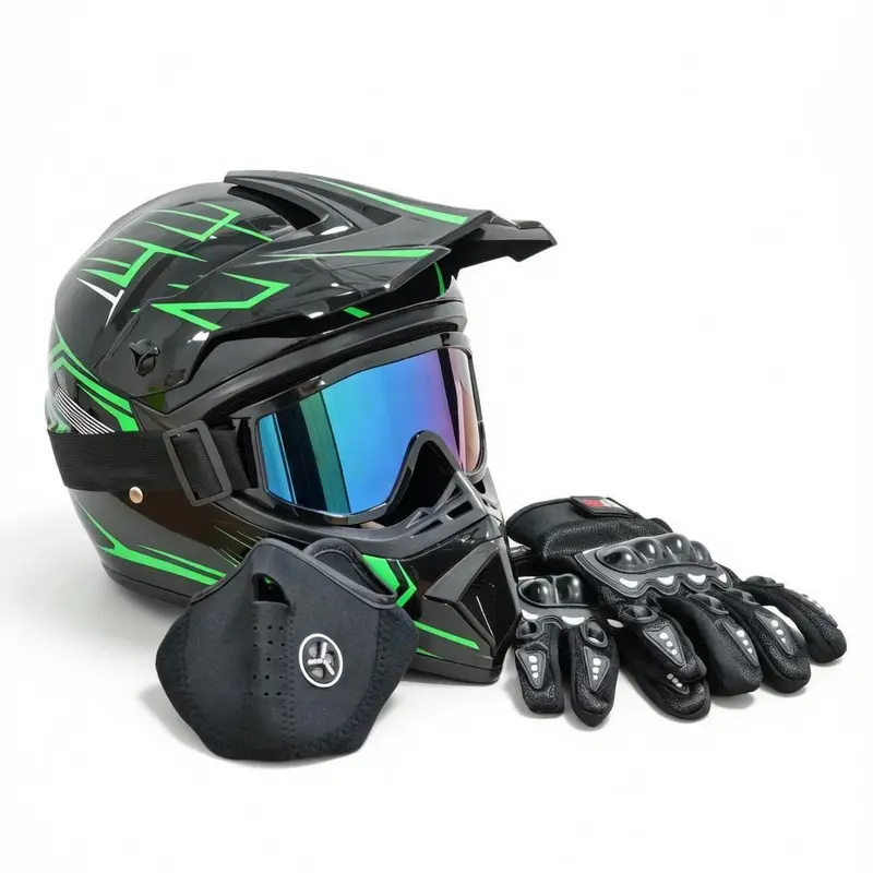 Electric Bicycle Helmet Black Green Flash DOT Full Face Dirt Bike Helmet  Adult 4-Piece Set with Goggles Gloves Mask ATV UTV Motocross Helmet Men  Women Off-Road Racing Helmet Windproof Breathable - TikTok