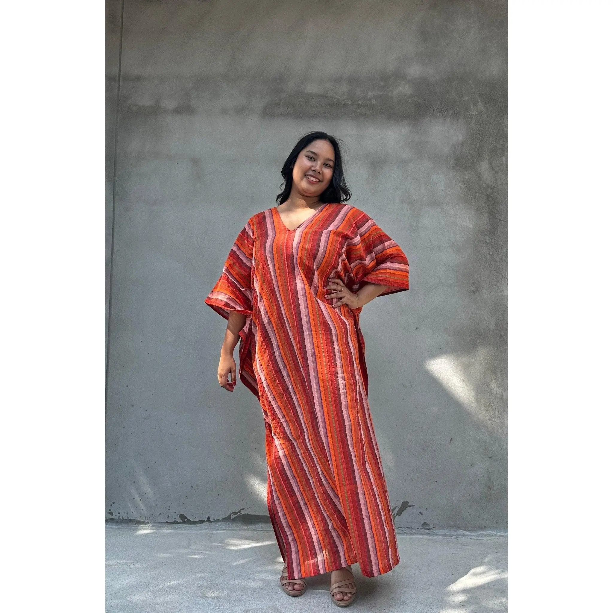 Women's Modest Islamic Ella Plus Size Striped Cotton Kaftan - Chic, Flame, Easy Line, Generous Fit, Beach Cover-Up, Resort-Wear, Evening Wear, Relaxed Fit
