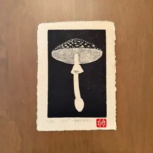 Handprinted Mushroom Linocut Print 5”x7" on 250gsm Handmade India Paper Artwork by Marko Katro Limited Edition of 100