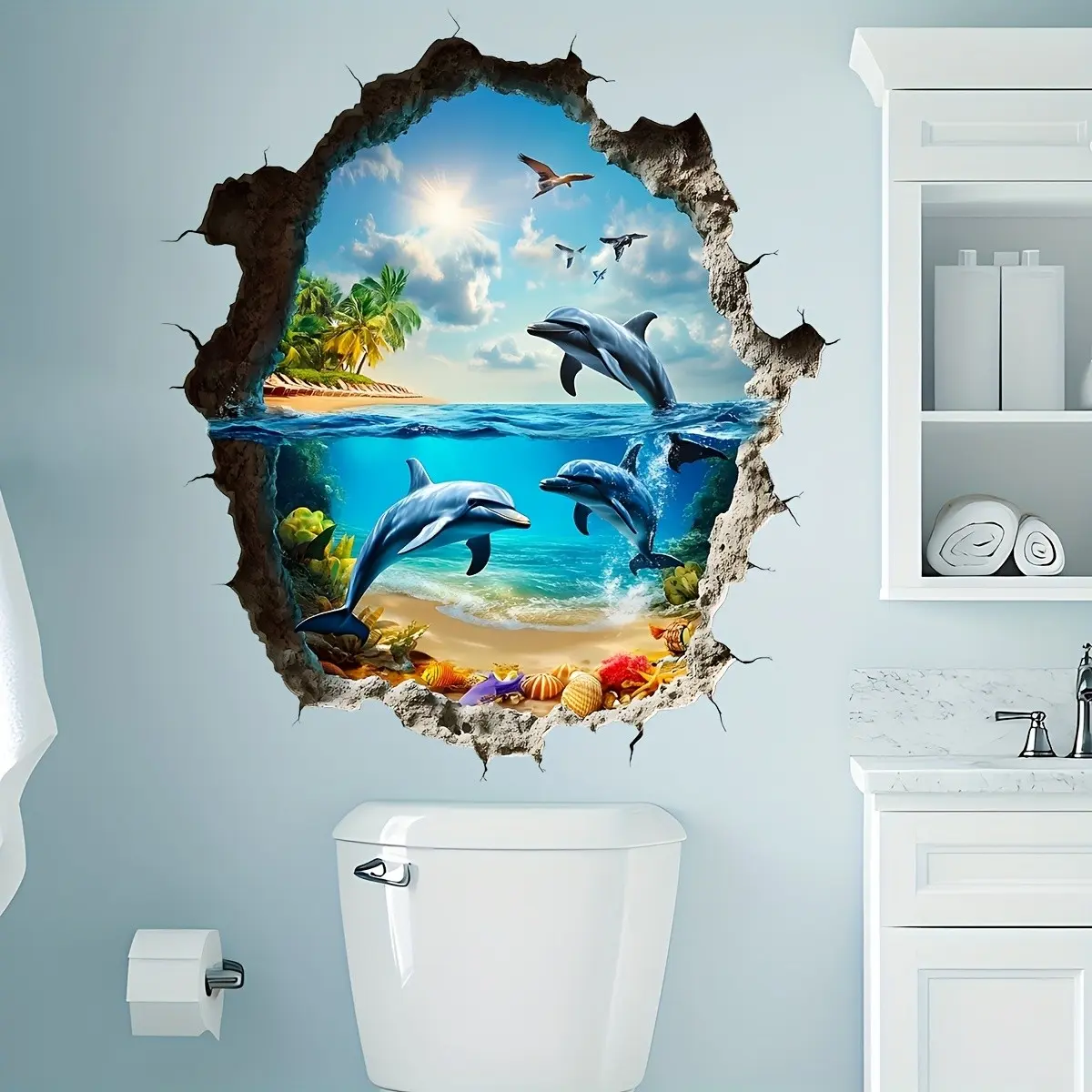 3D Broken Wall Sticker Blue Dolphin Pattern, Ocean World Wall Decal, Peel and Stick, Adhesive Decals, Home Wall Decoration, Wall Art Stickers, Decorative Sticker, Easy to Apply