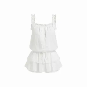 Cider Cotton Square Neck Lace Textured Ruffled Drawstring Lettuce Trim Romper