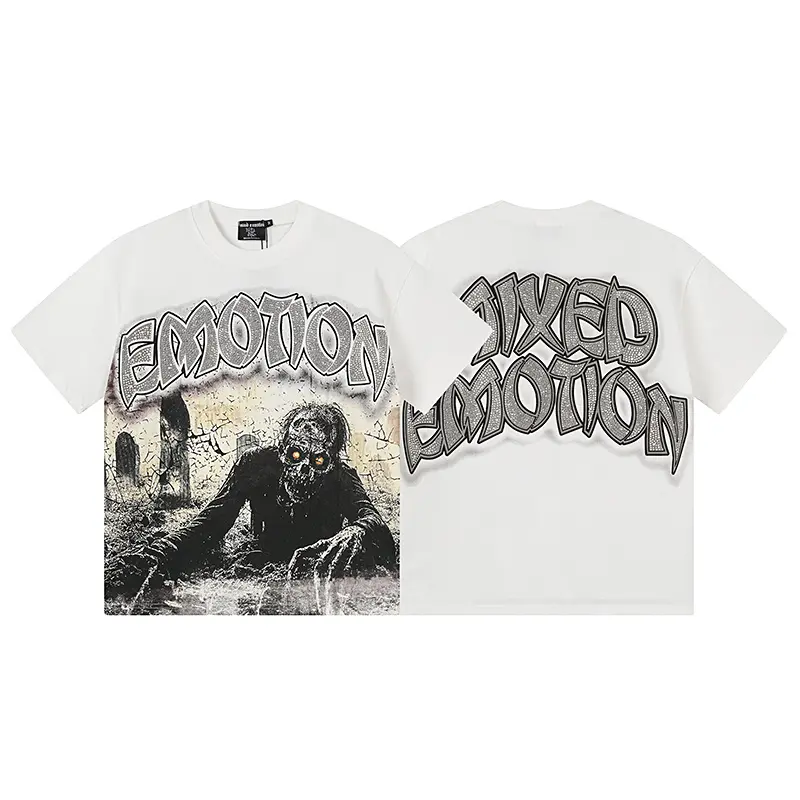 Mixed Emotion Graveyard Zombie Graphic T-Shirt, Crawling Undead Horror Artwork with Glowing Orange Eyes and Oversized Gothic Back Lettering, White Graphic Tee for Men Women, Halloween Y2K Grunge Streetwear Fashion Accessories