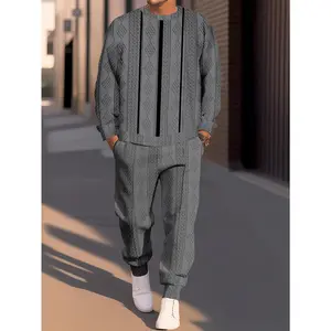 European And American Men'S Round Neck Long Sleeve Knitted Trouser Set, Gift Pocket Trousers, Striped Design Loose Casual Suit, Micro-Elastic Warm And Breathable, Healthy And Energetic, Suitable for Parties And Daily Vacations
