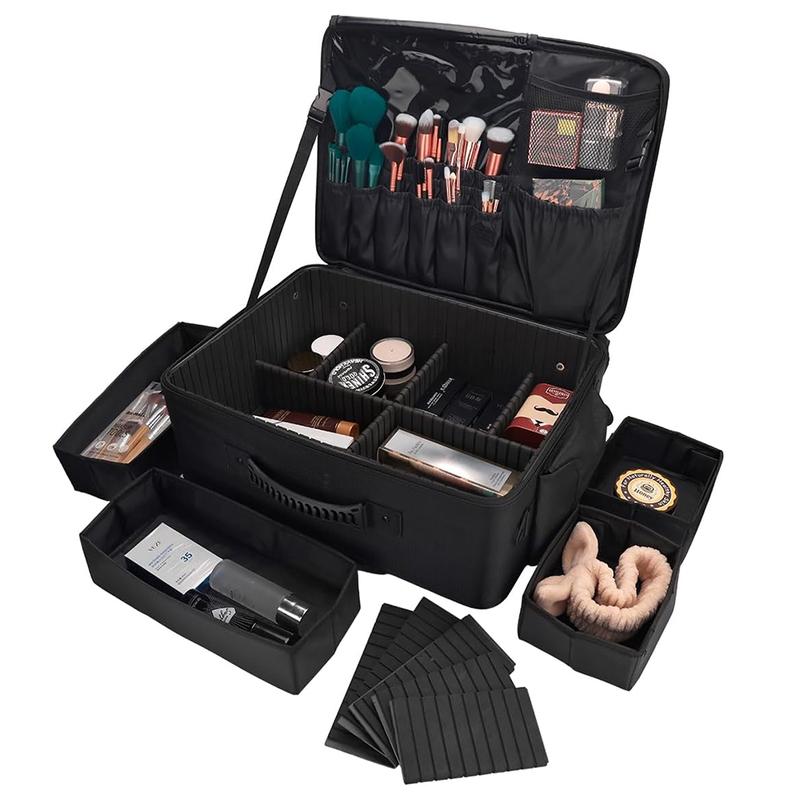 Rolling Makeup Train Case,Large Storage 3 Tiers, Professional Trolley Makeup Case with Adjustable Divider, Large Capacity Multi-functional Cosmetic Organizer for Nail Technicians Hairstylist(Black)