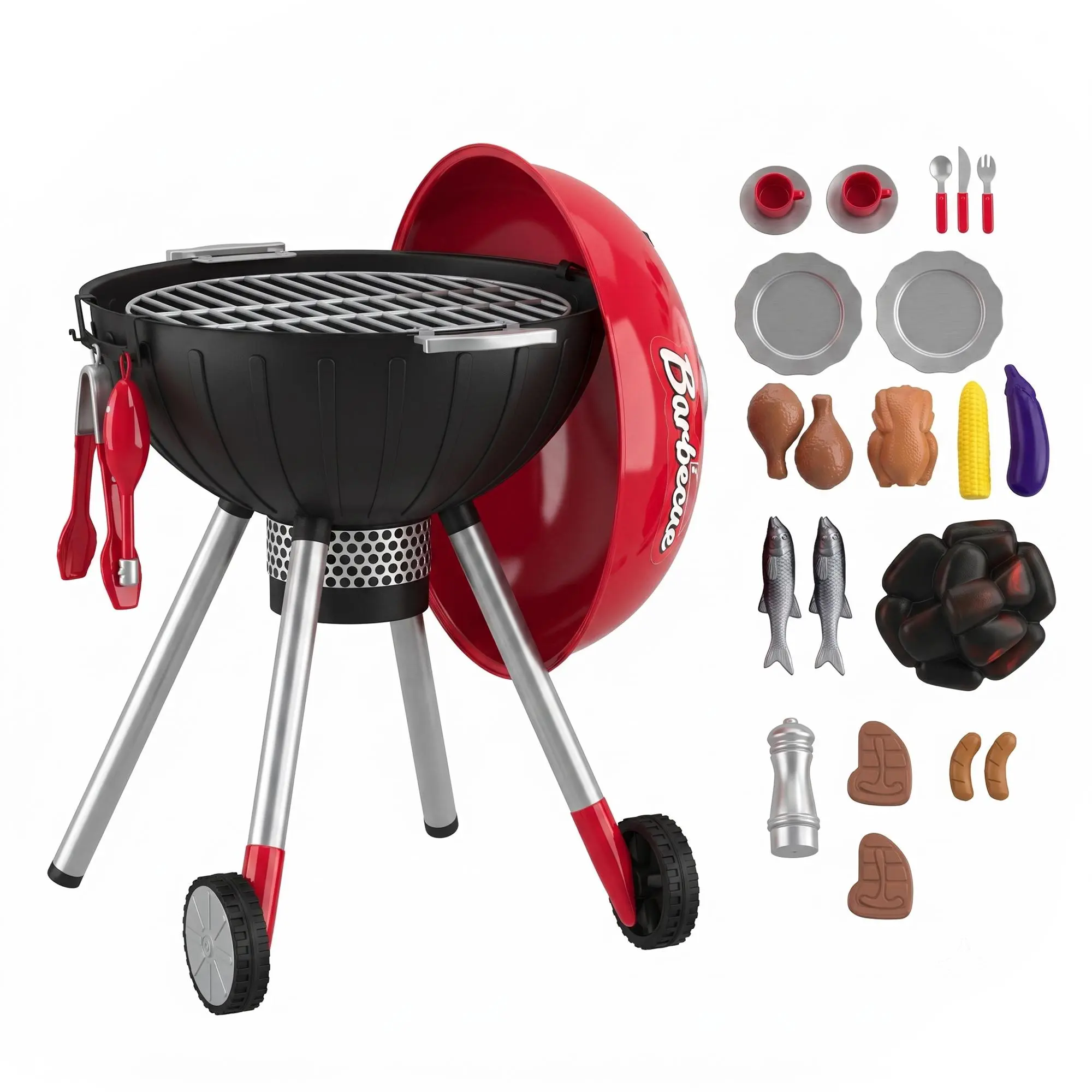 Qaba Kids Play Kitchen Toys, Pretend BBQ Grill Playset with Sounds, Lights & Realistic Charcoal Effect, 40PCS Interactive Play Food Cooking Set, Birthday Gift for Boys & Girls Ages 3-6, Red