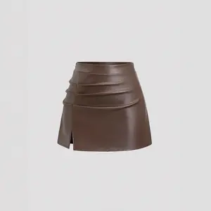 Women's 2026 SS New Plain Mini Skirt Leather PU Suede Side Seam Ruffle Design summer bottoms outfits