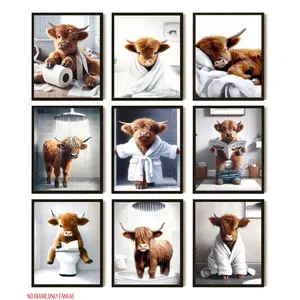 9-Piece Set, Bathroom Cow Poster Wall Art Collection, Vintage Brown Highland Cow Canvas Prints, Unframed Art Print, Animal Bathroom Wall Decor, Ideal for Home Decor, Frameless
