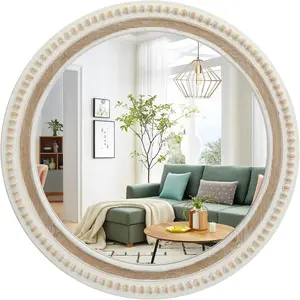 Round Wood Decorative Mirror for Wall, Farmhouse Mirror with White Beaded, 24 Inch Rustic Distressed White Mirror for Bedroom, Living Room, BathroomCreative home decoration mirror Elegant Wooden