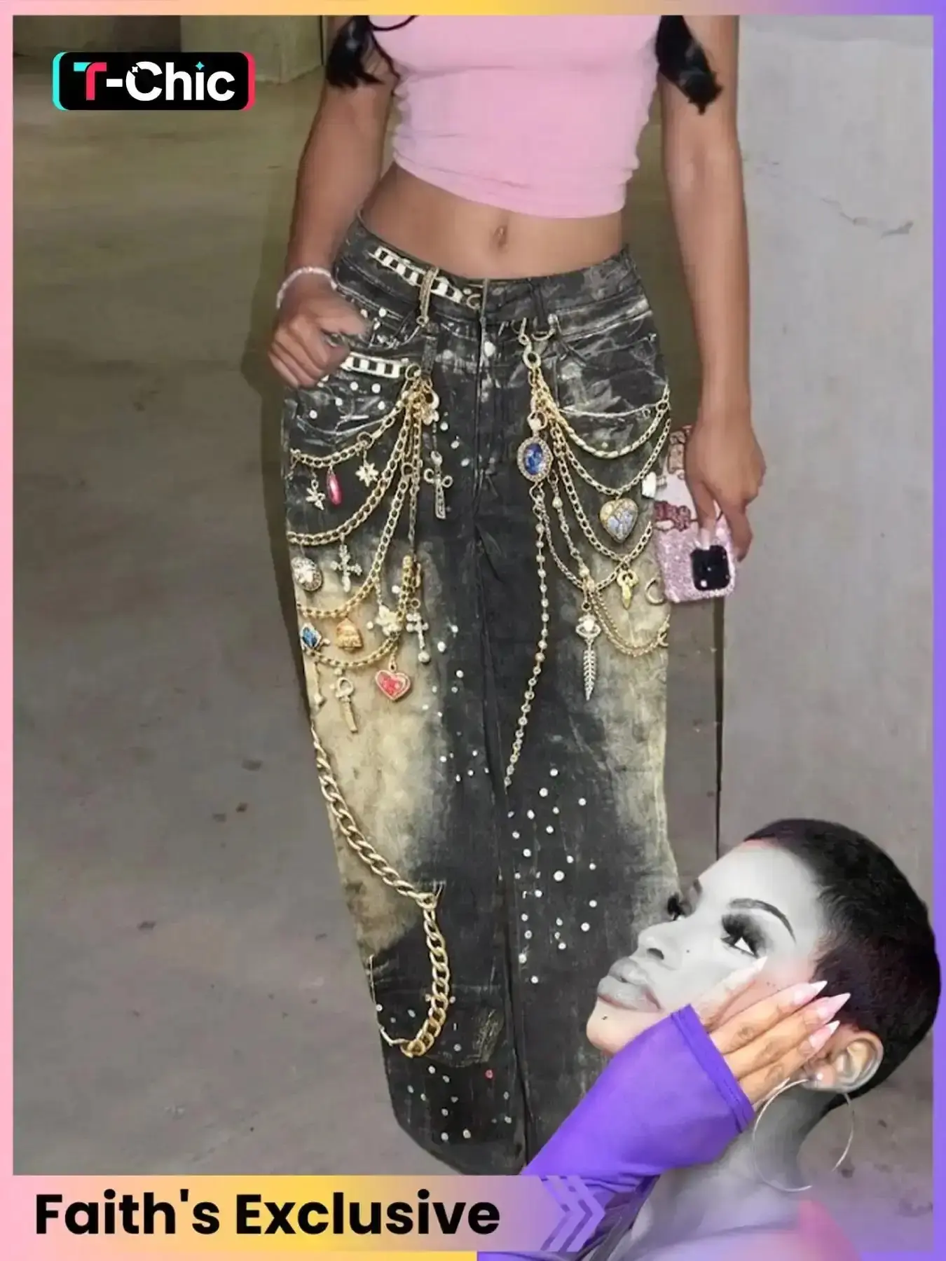 Women's High Waisted Dark Acid Wash Wide Leg Denim Jeans Button Hand-Painted Chain and Charm Embellished Edgy Punk Rock Streetwear for Festivals Casual vintage wash relaxed fit modern fit urban style everyday essential