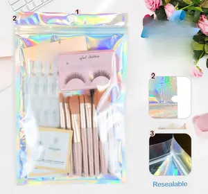 Smell Proof Holographic Resealable Foil Pouch Mylar Sample Bag 50pcs 6x9 inch for Party Favor Food Storage with Sealing Strip & Tear Guides