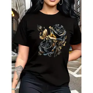 A Stylish And Breathable T-Shirt Featuring a Luxurious Vintage Design with a Black And Golden Rose Pattern, Perfect for Family Trips, Campus Events, Casual, Daily Commutes, Matching Outfits for Sisters, And Versatile Wear