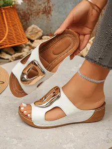 Women's Metal Buckle Hollow Out Thick Sole Sandals, Luxurious Vintage Style Summer Comfort Heightening Shoes, Casual Streetwear