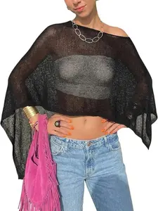 Women Sheer Poncho Top Knit Crochet Lightweight See Through Shawl Summer Shrug Beach Cover Up
