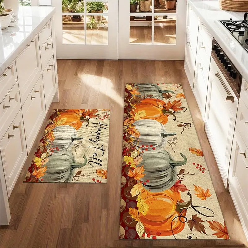 2Pcs Autumn Watercolor Pumpkin Dog Maple Leaf Flower Floor Mat Set Art Sketch Printed Carpet Farmhouse Anti Fatigue Kitchen Carpet Winter Vacation Par