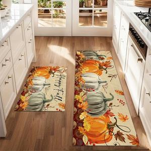 2pcs autumn watercolor pumpkin dog maple leaf flower floor mat set art sketch printed carpet farmhouse anti fatigue kitchen carpet winter vacation party kitchen restaurant floor laundry room decoration carpet mat