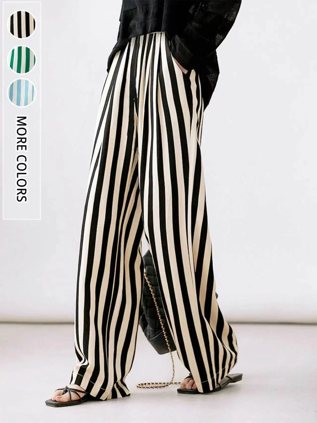 Women's Striped Wide-Leg Pants with Pockets Design, Loose-Fit Elastic High Waist Long Trousers, Casual Fashion Pants