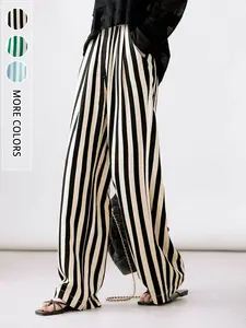 Women's Striped Wide-Leg Pants, High Waist Loose Fit, Slimming Long Trousers, Casual Straight Leg Pockets Design