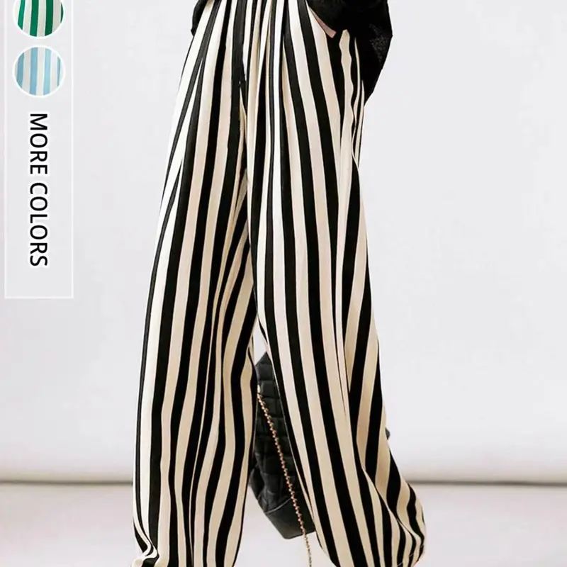 Women's Striped Wide-Leg Pants with Pockets Design, Loose-Fit Elastic High Waist Long Trousers, Casual Fashion Pants