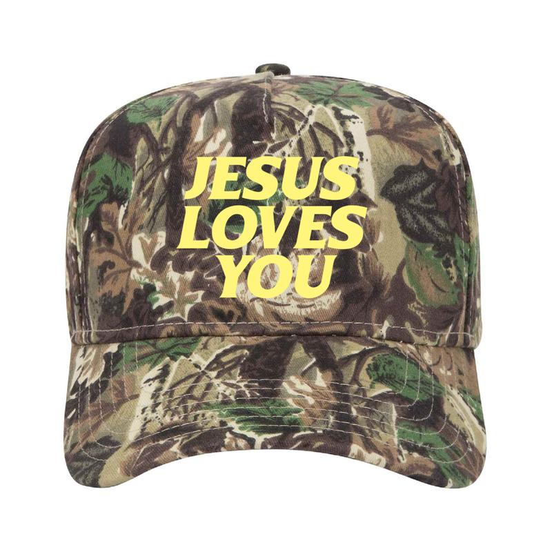 Jesus Loves You Camo Unisex Trucker Hat with Bold Text Design and Adjustable Fit