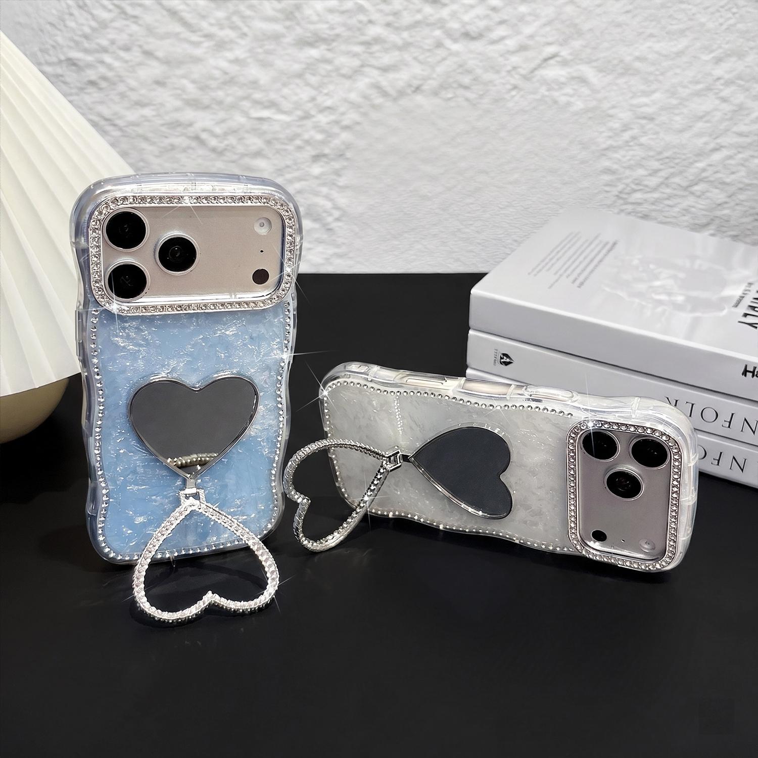 Glitter Mirror Case for iPhone 17/16 15 14 13 Pro Max,Cute Luxury Shiny Diamond Heart Makeup Mirror Bling Sparkly Rhinestones Thin Soft Case for Women Girls